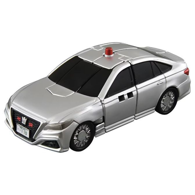  Silver toy car with red light on top, resembling a police vehicle.