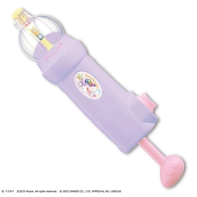  Purple Sanrio bubble wand toy with a pink handle and a clear bubble-blowing attachment.