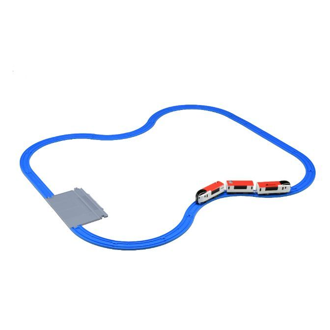  Toy train set with blue tracks and a red and white train.