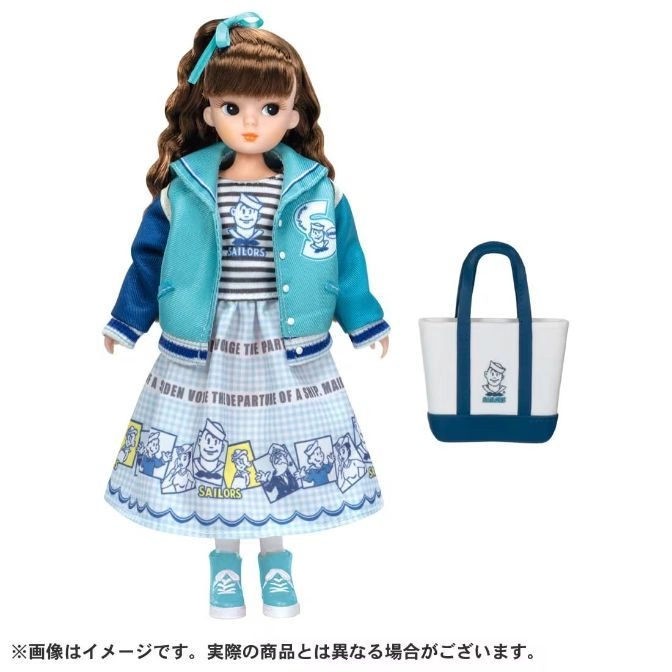  Sailor-themed doll with blue jacket, patterned skirt, matching shoes, and a tote bag.