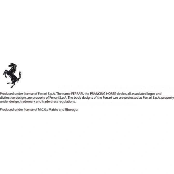  Ferrari logo and licensing information for Maisto and Bburago toys.