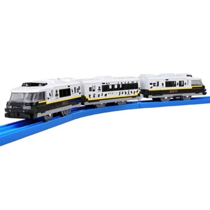 Toy train set with white cars, black trim, and cat designs on a blue track.