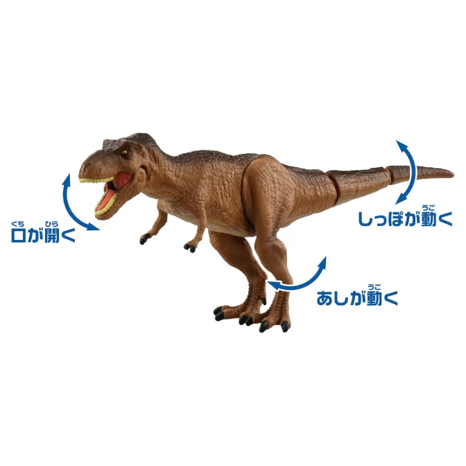  Brown T-Rex toy with articulated mouth, legs, and tail, demonstrating its movable parts.