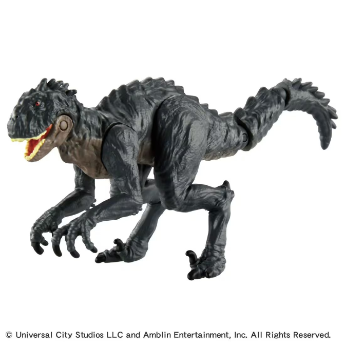 Black Jurassic World Indoraptor toy with articulated limbs and detailed scales.