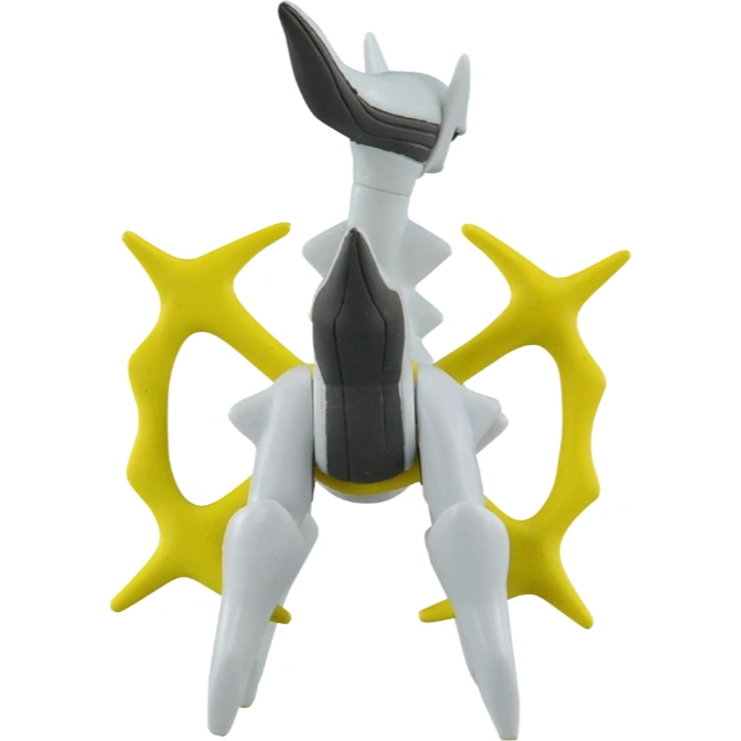  Arceus Pokémon toy figure with yellow ring, gray accents, and white body.