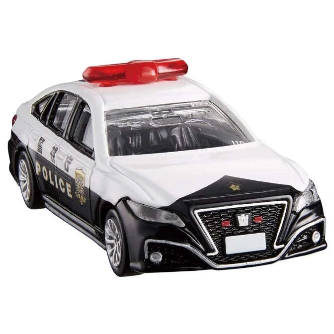  Toy police car with red light bar, black and white paint job, and detailed grill.