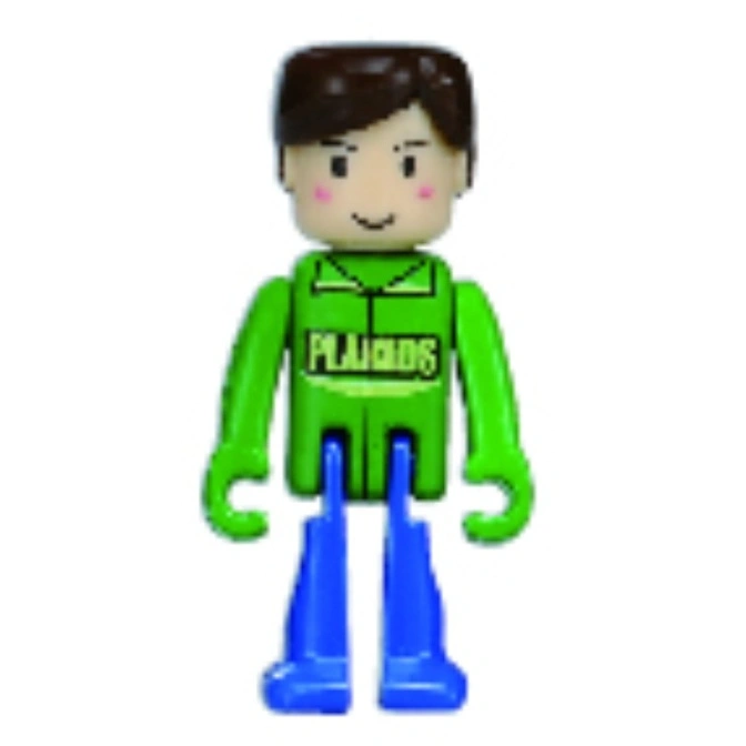  Green Pluigos toy figure with brown hair and blue legs.