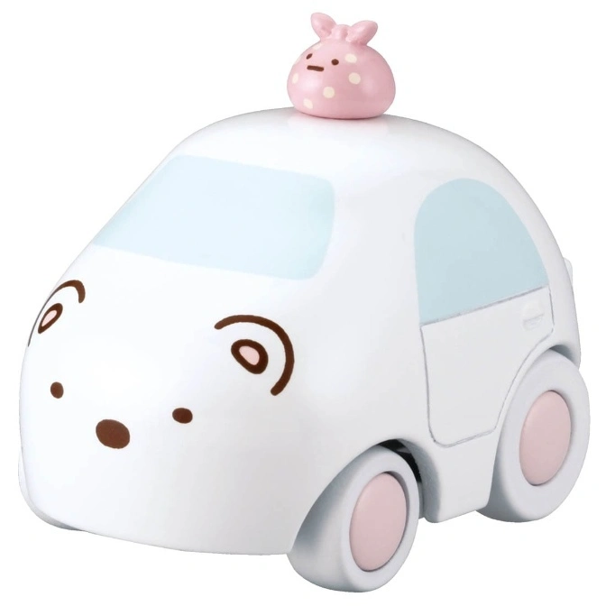 White Sumikko Gurashi car toy with pink bunny figure on top.