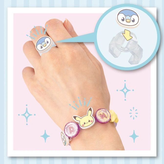  Pokemon ring and bracelet toy. Ring features Piplup. Bracelet has Pikachu and letter beads.