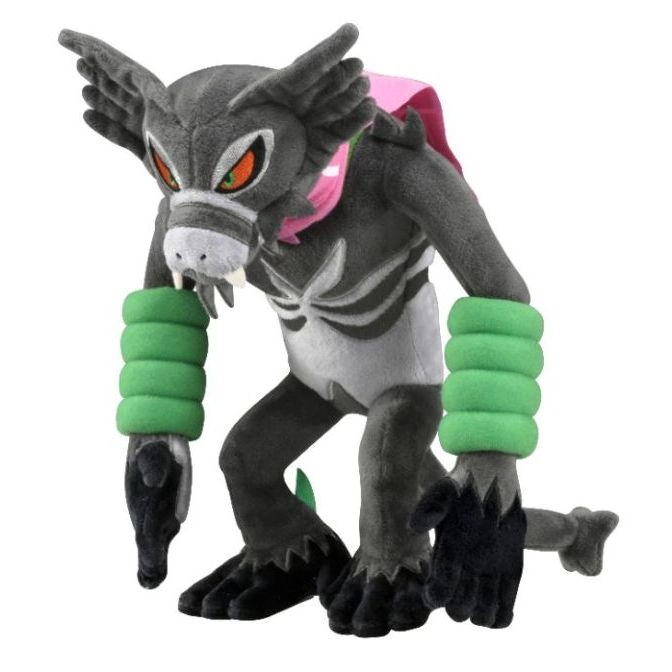  Grimmsnarl plush toy with green wristbands and a pink cape.