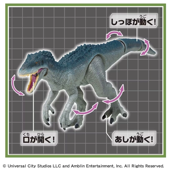  Blue dinosaur toy with articulated tail, legs, and opening mouth.