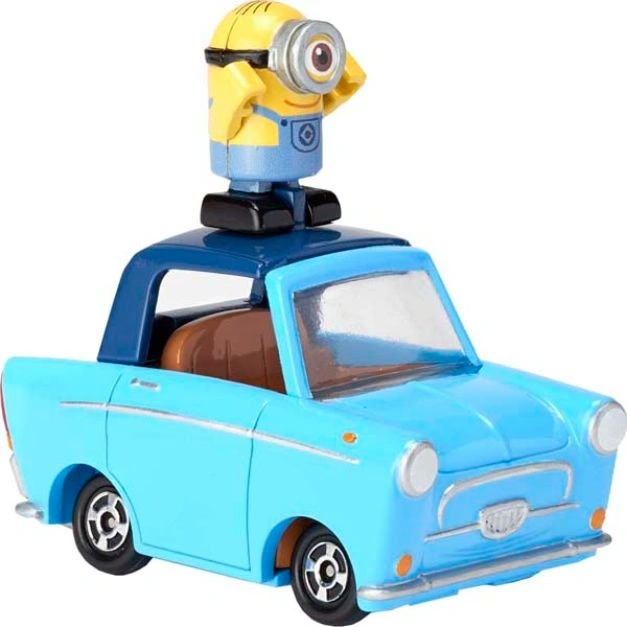 Blue toy car with a Minion figure on top, covering its eye.