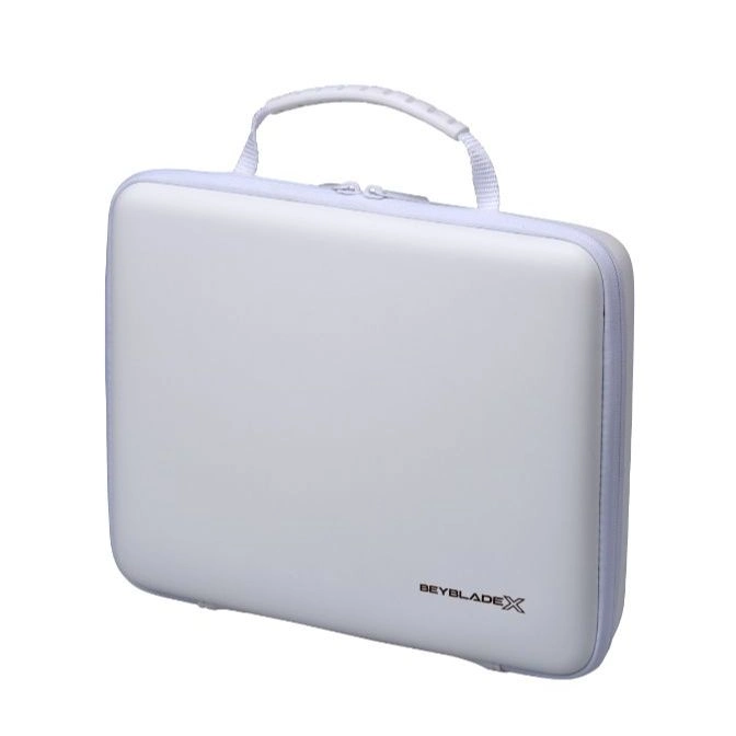 White Beyblade X carrying case with handle and zipper.
