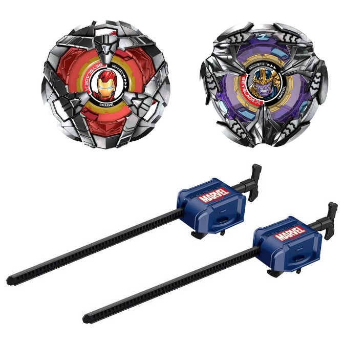 Marvel Beyblade set featuring Iron Man and Thanos tops with launchers.