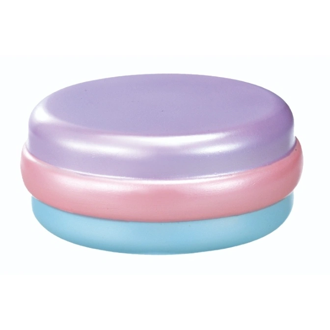  Round, stacked toy with purple, pink, and blue layers.