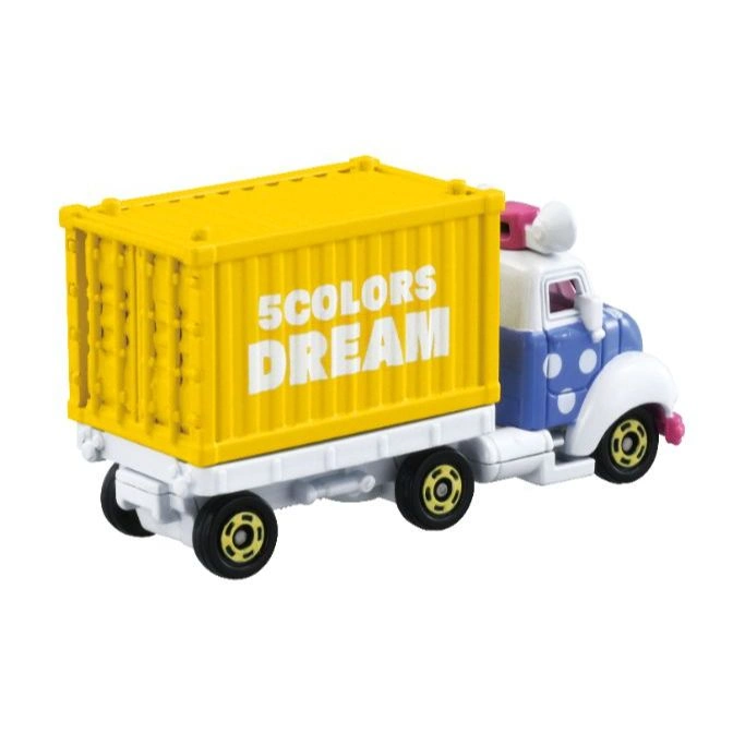  Toy truck with yellow container labeled "5COLORS DREAM", blue and white cab.