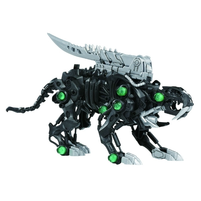  Black robotic tiger toy with green lights and a silver blade on its back.