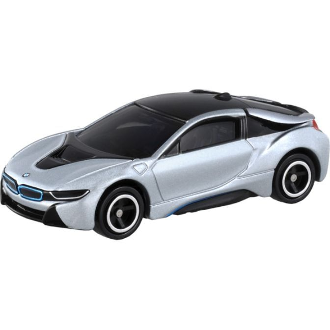 Silver BMW i8 toy car with black roof and wheels.
