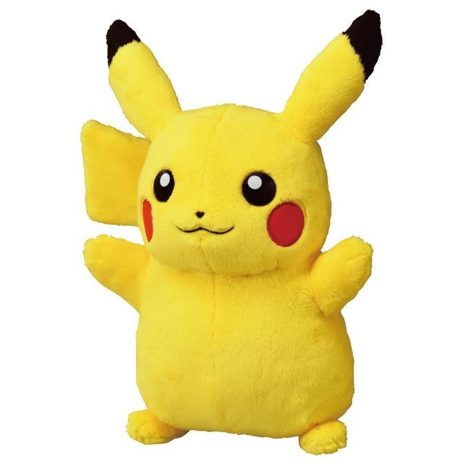 Yellow Pikachu plush toy with black-tipped ears and red cheeks, standing with arms outstretched.