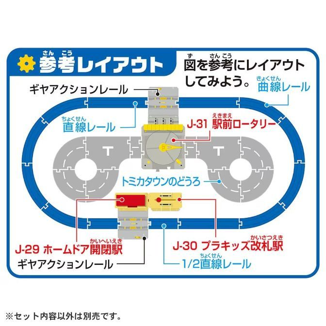  A diagram of a Tomica train set layout, featuring various track pieces, a station, and a rotary.