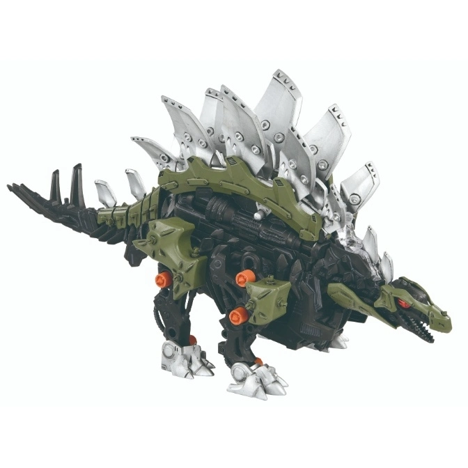  Stegosaurus Zoid toy with silver plates, green and black body, and red eyes.