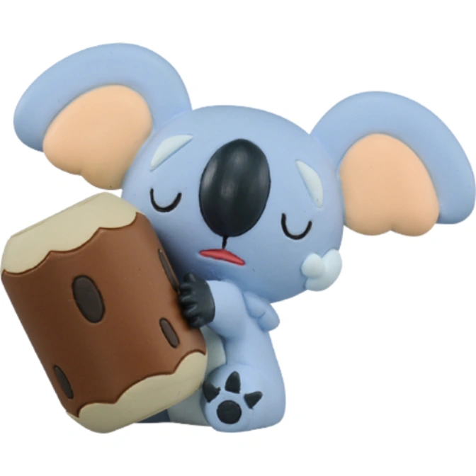 Cute blue koala toy hugging a brown log with eyes closed.