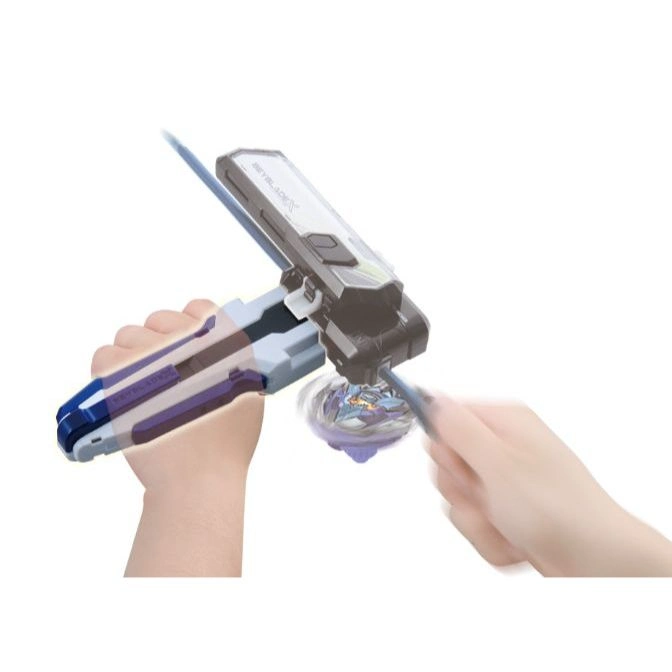  Beyblade X launcher in use, launching a spinning top. Motion blur on hand.