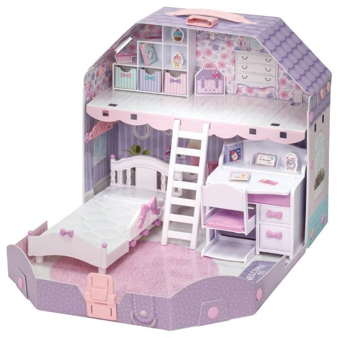 Dollhouse with bedroom and study, featuring a bed, desk, ladder, and storage, in pastel colors.