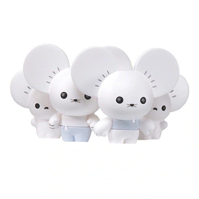 Group of white mouse-like toys with round ears and blue overalls.