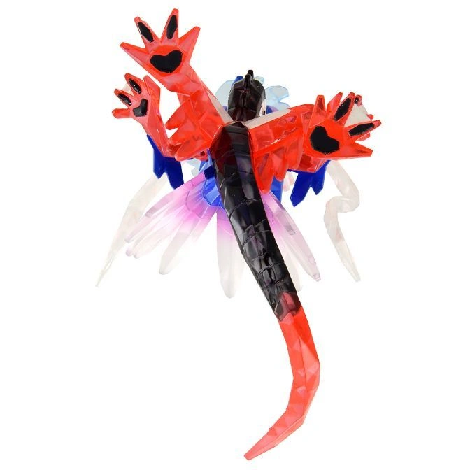  Red and black dragon toy with translucent wings and paw-shaped hands.