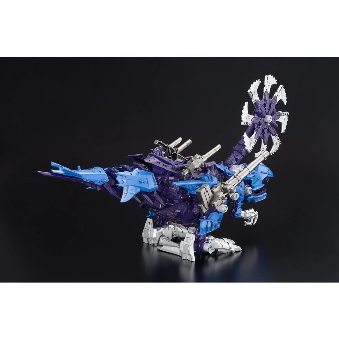  Blue and purple Zoids toy with a rotating tail weapon, standing on a black surface.