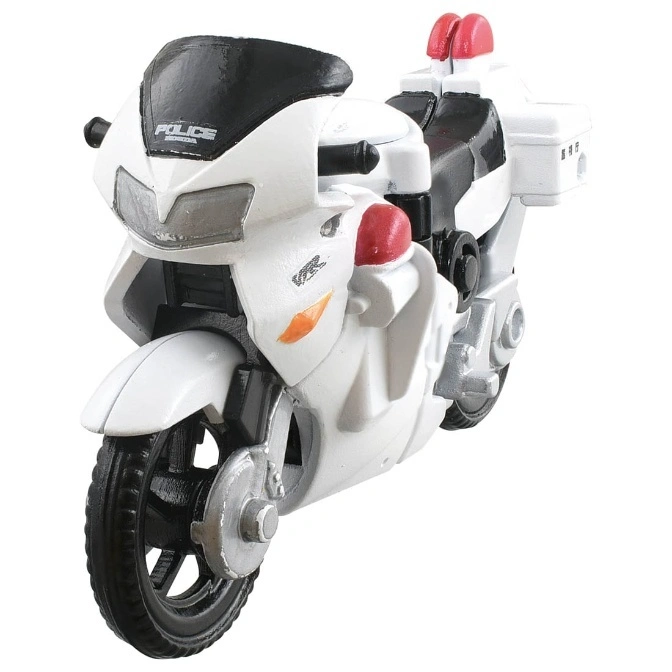  Toy police motorcycle with red lights, white body, and black accents.