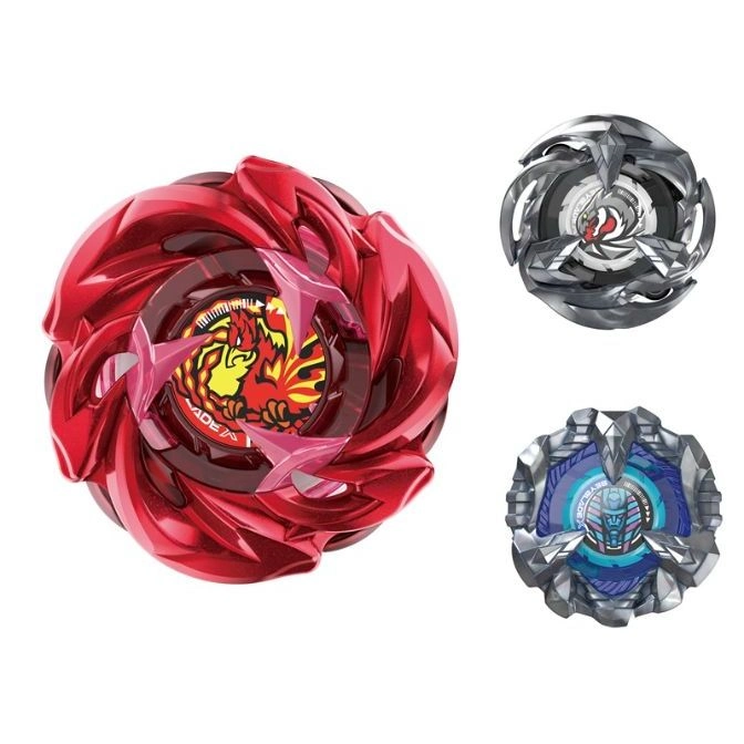 Three Beyblade spinning tops: red, gray, and blue, each with unique designs and colors.