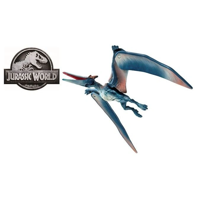  Jurassic World Pteranodon toy with blue wings and red beak in flight, next to the Jurassic World logo.