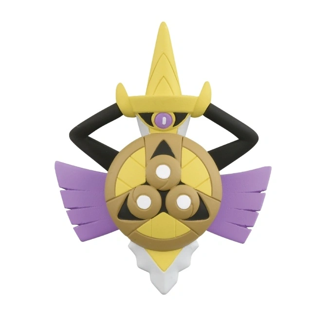 Aegislash shield toy with purple blades, gold accents, and a black handle.