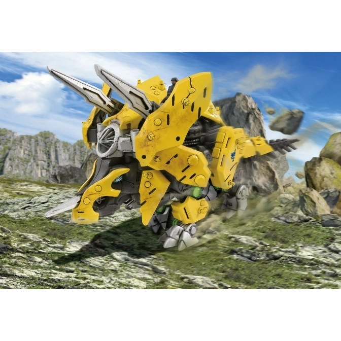  Yellow Zoid Triceratops toy stomping through a rocky landscape, ready for battle.