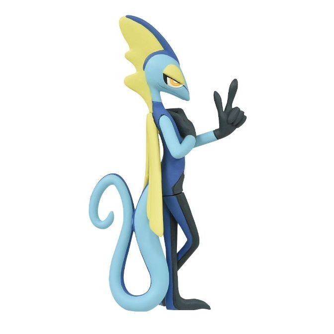  Inteleon toy figure with blue and yellow design, striking a peace sign pose.