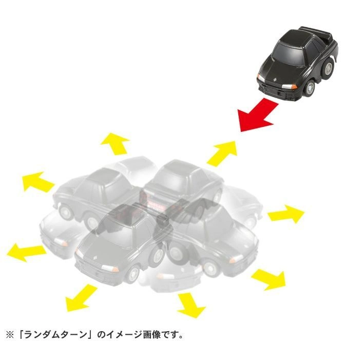  Toy car drifting with yellow arrows showing movement, red arrow indicating direction.