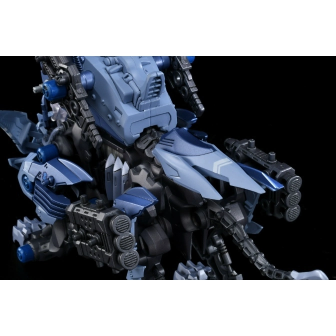  Blue and gray Zoid model kit with weapons and mechanical details.