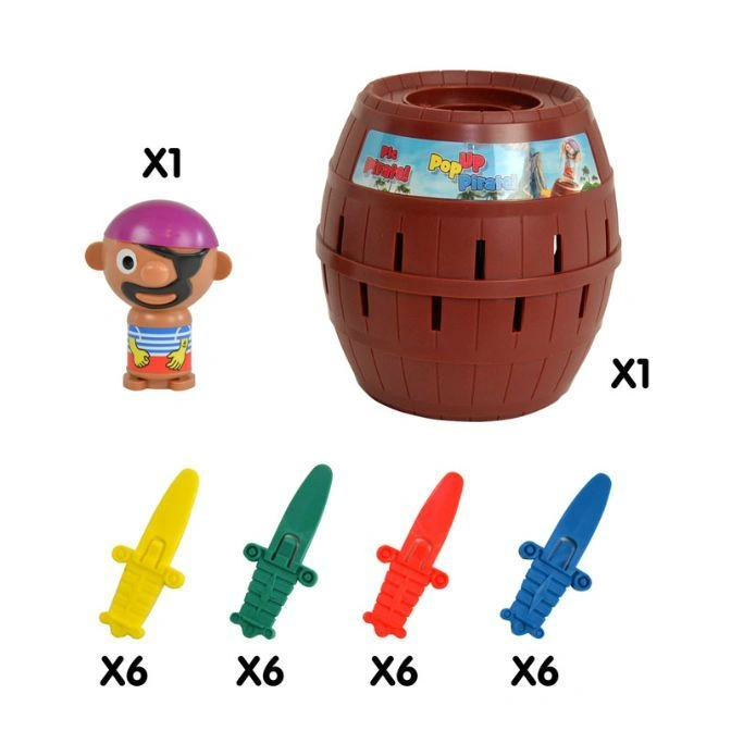 Pop Up Pirate game with barrel, pirate figurine, and colorful swords.