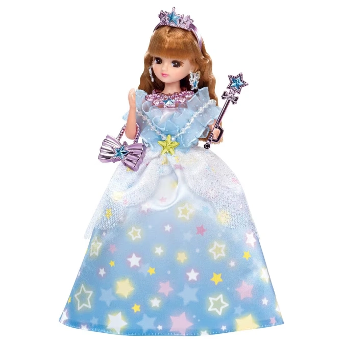 Licca-chan doll in a star-patterned gown, holding a wand and purse, wearing a tiara.