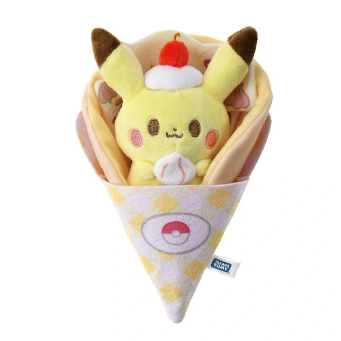 Pikachu plush toy in a crepe cone with cherry, cream, and Poké Ball design.