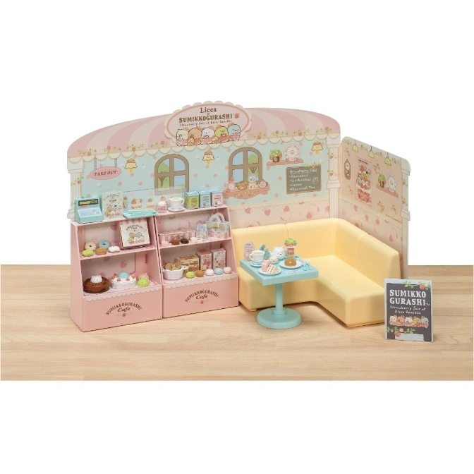 Sumikko Gurashi cafe playset with furniture, display case, and menu board.
