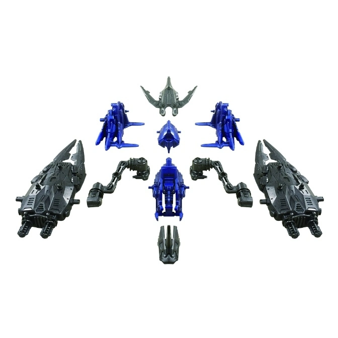 Transformer toy parts: grey and blue pieces for assembly, including weapons and joints.