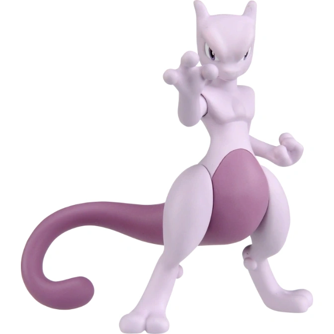 Mewtwo action figure in a fighting stance, with a purple and lavender color scheme.
