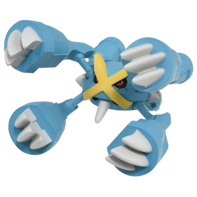 Blue Metagross toy with yellow X on its face and white claws.