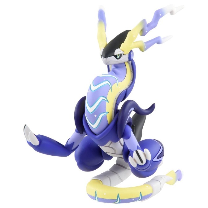 Miraidon toy figure, a serpentine Pokémon with blue and yellow accents, posed dynamically.