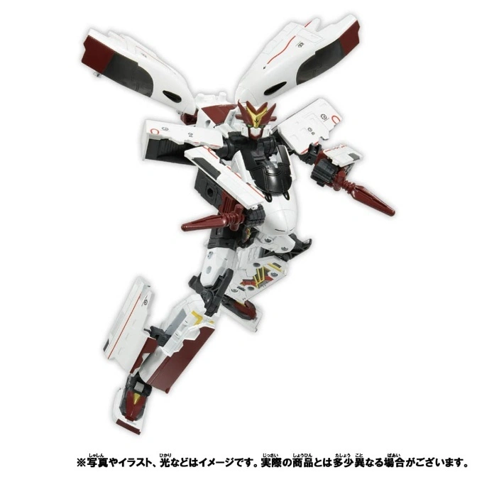  White and red transforming robot toy with train car parts as wings and legs.
