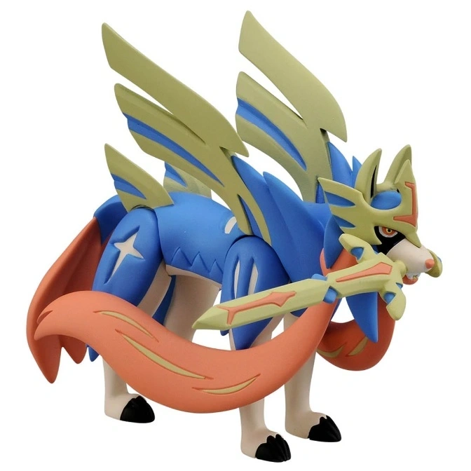  Zacian toy figure with sword, blue and orange armor, and yellow accents.