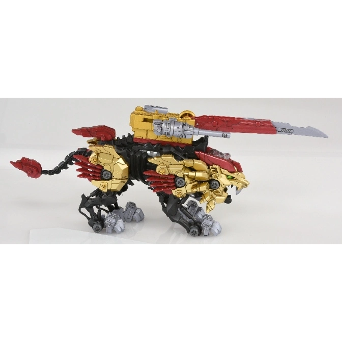  Gold and red Zoids Liger Zero toy with a blade attachment on its back.